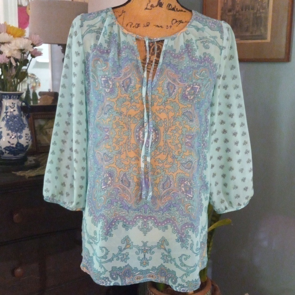 Ann Taylor Aqua and Lavender Paisley Print Boho Sheer Peasant Blouse - Picture 2 of 14